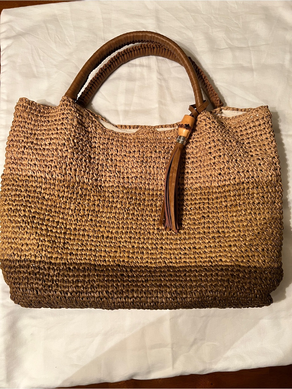 Tommy Bahama Brown Woven Straw Tote with Tassel